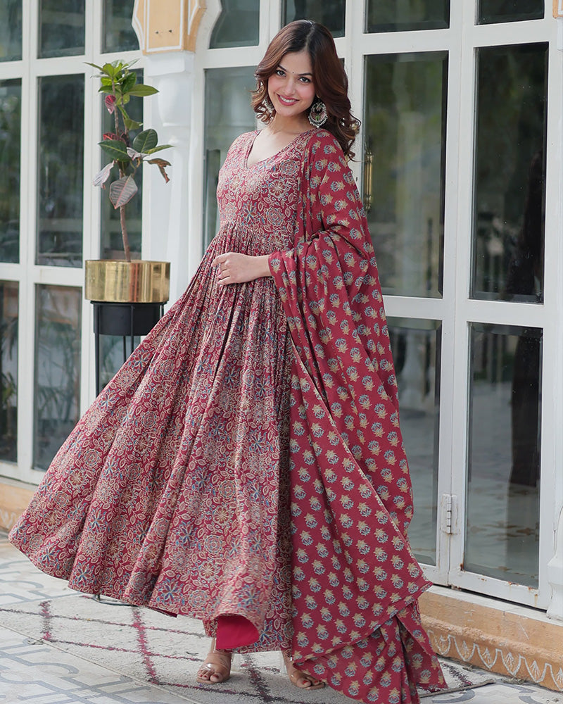 Premium Maroon Color Pure Cotton Kurti With Pant And Dupatta Set - ETHNICDEAL