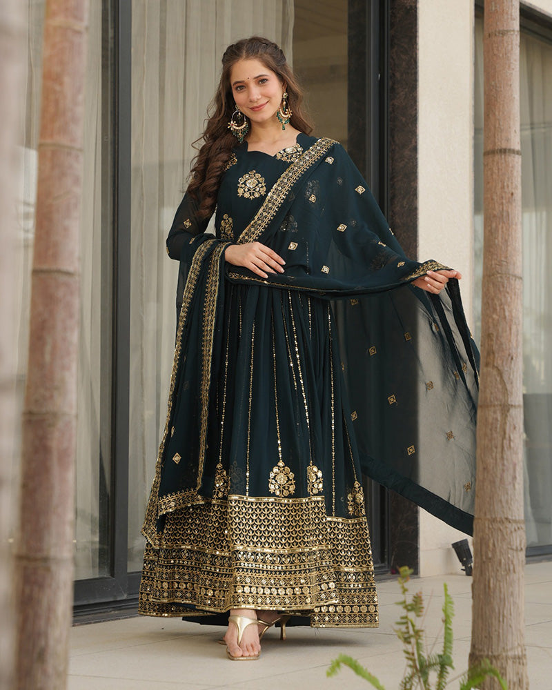 Deep Teal Green Color Designer Golden Embroidered Gown - ETHNICDEAL
