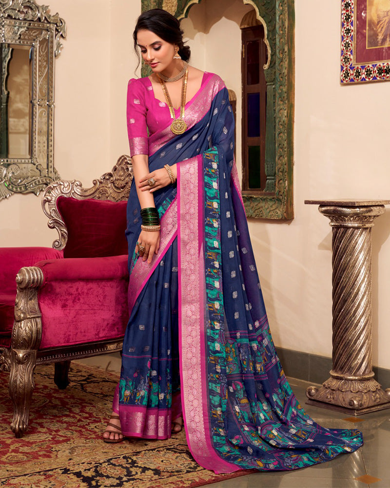 Navy Blue Color Poly Kalamkari Print Cotton With Zari Work saree - ETHNICDEAL