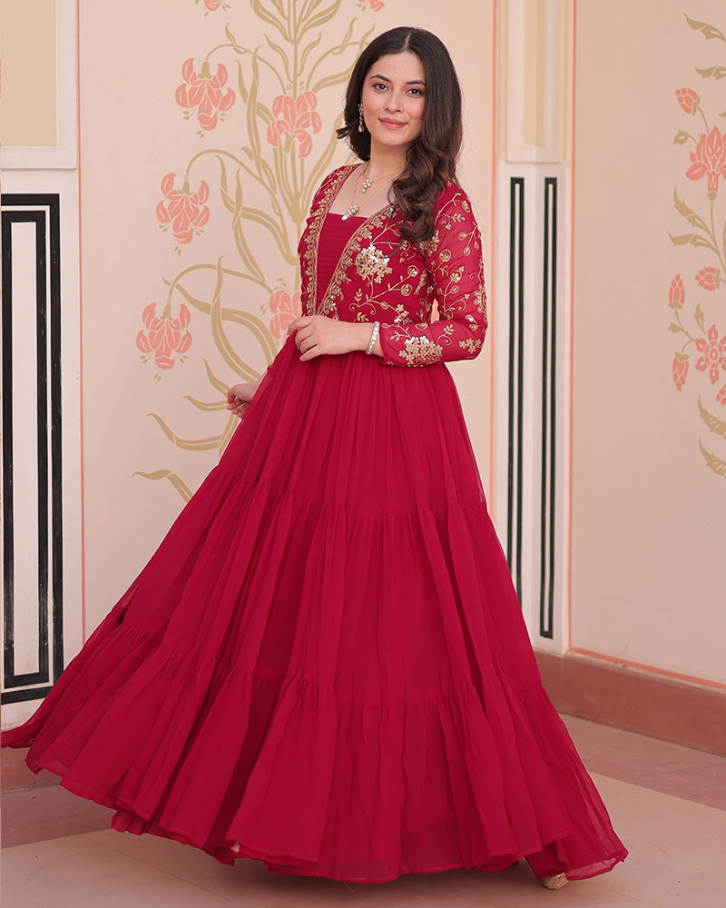 Elegant Rani Pink Floor-Length Gown With Golden Threadwork - ETHNICDEAL