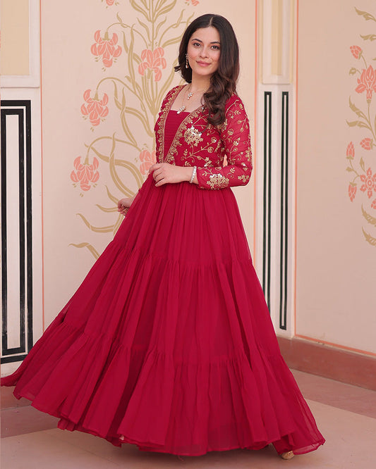 Elegant Rani Pink Floor-Length Gown With Golden Threadwork - ETHNICDEAL