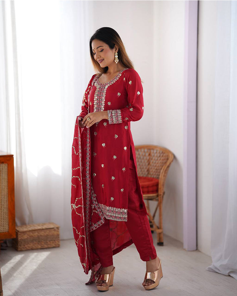 Red Color Chinon Silk Embroidered Three Piece Kurti Suit - ETHNICDEAL