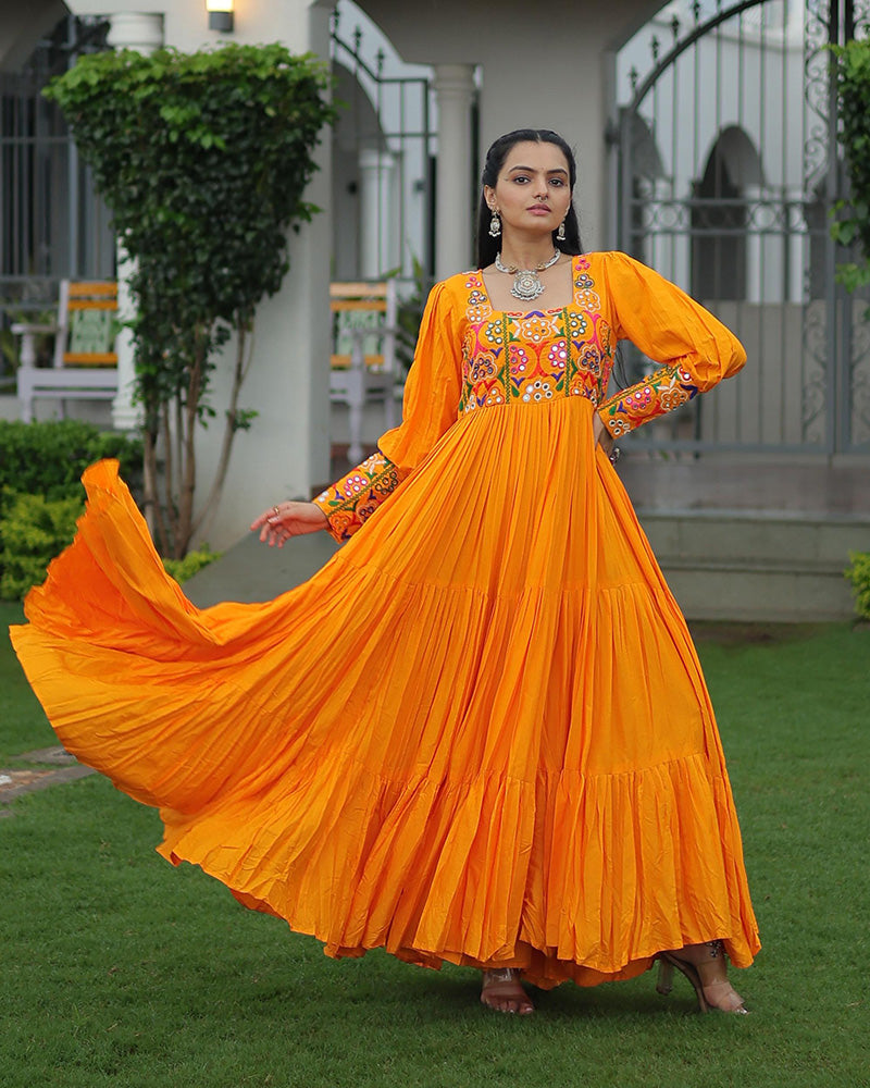 Yellow Color Rayon Navratri Gown - ETHNICDEAL