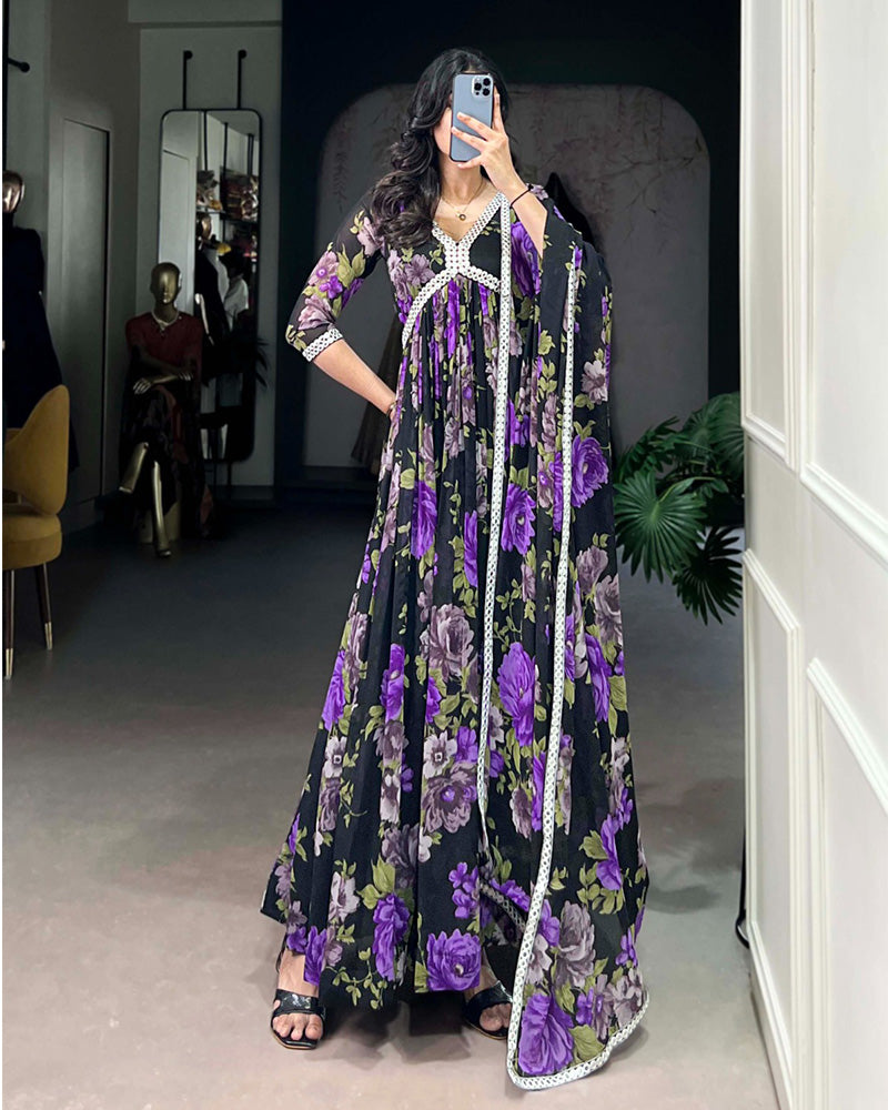 Black And Purple Color Floral Printed Georgette Gown - ETHNICDEAL