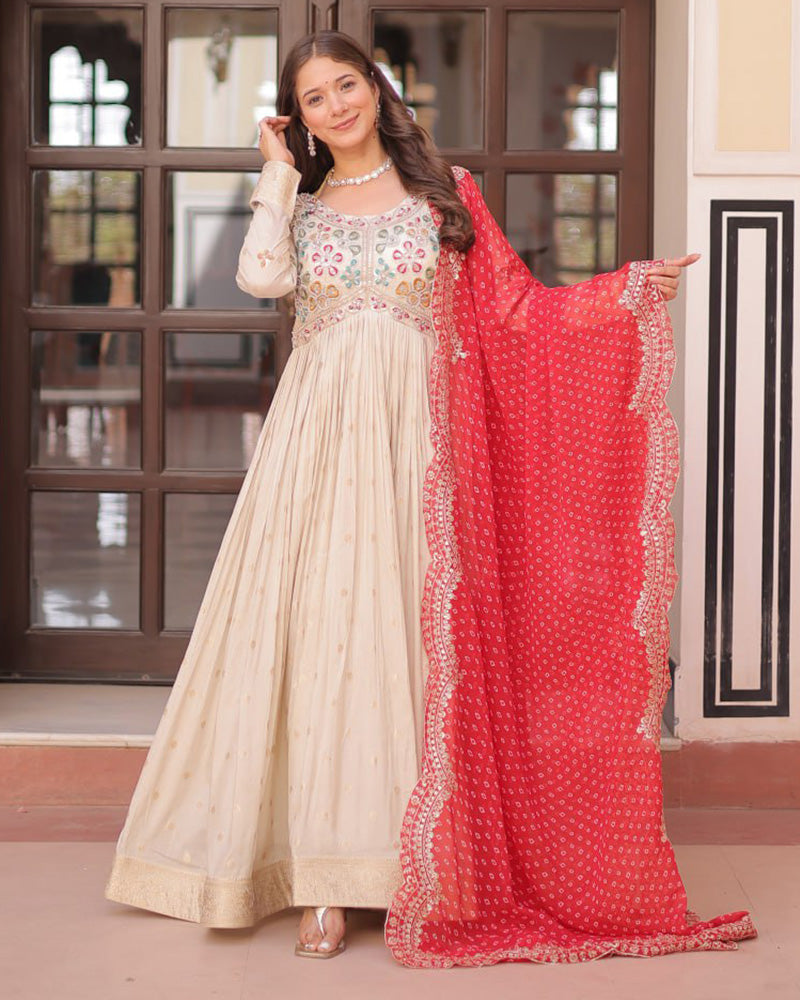 Off-White Color Jacquard Gown With Red Dupatta - ETHNICDEAL