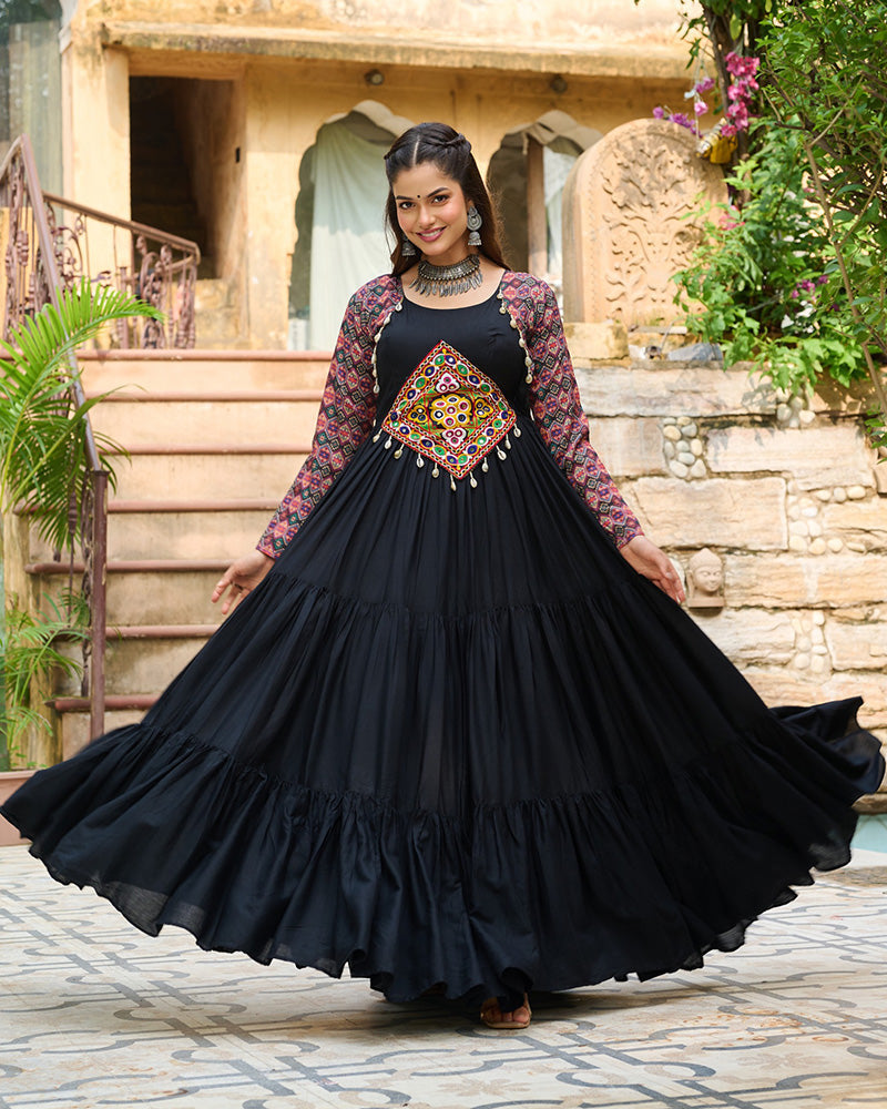 Classic Black Mirror Embroidered Rayon Gown For Navratri - ETHNICDEAL