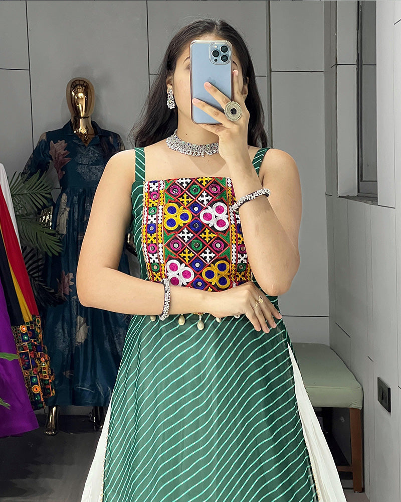 Green Color Georgette Kurti With Rayon Lehenga - ETHNICDEAL