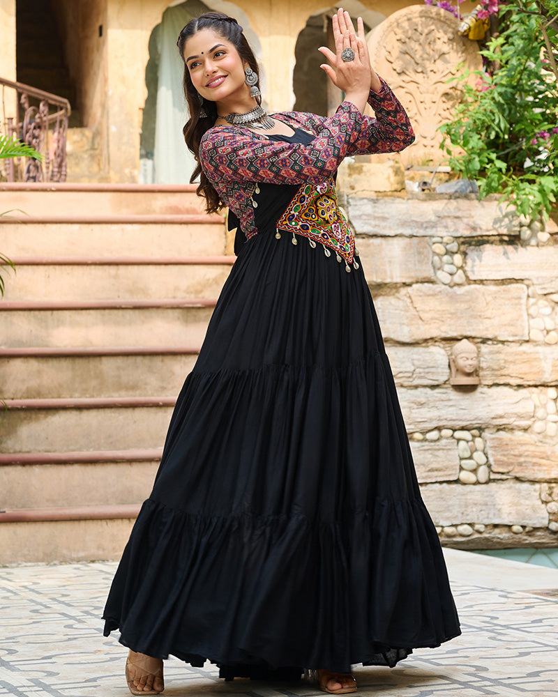 Classic Black Mirror Embroidered Rayon Gown For Navratri - ETHNICDEAL