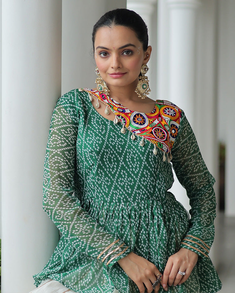 Green Bandhani Style Peplum Choli With Kora Cotton Lehenga - ETHNICDEAL
