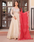 Off-White Color Jacquard Gown With Red Dupatta - ETHNICDEAL