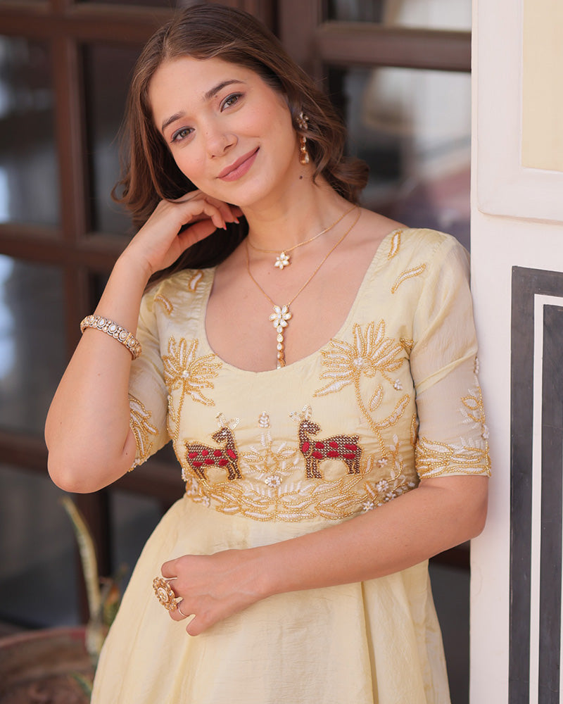 Cream Color Gold Crush Embroidered Work Gown - ETHNICDEAL