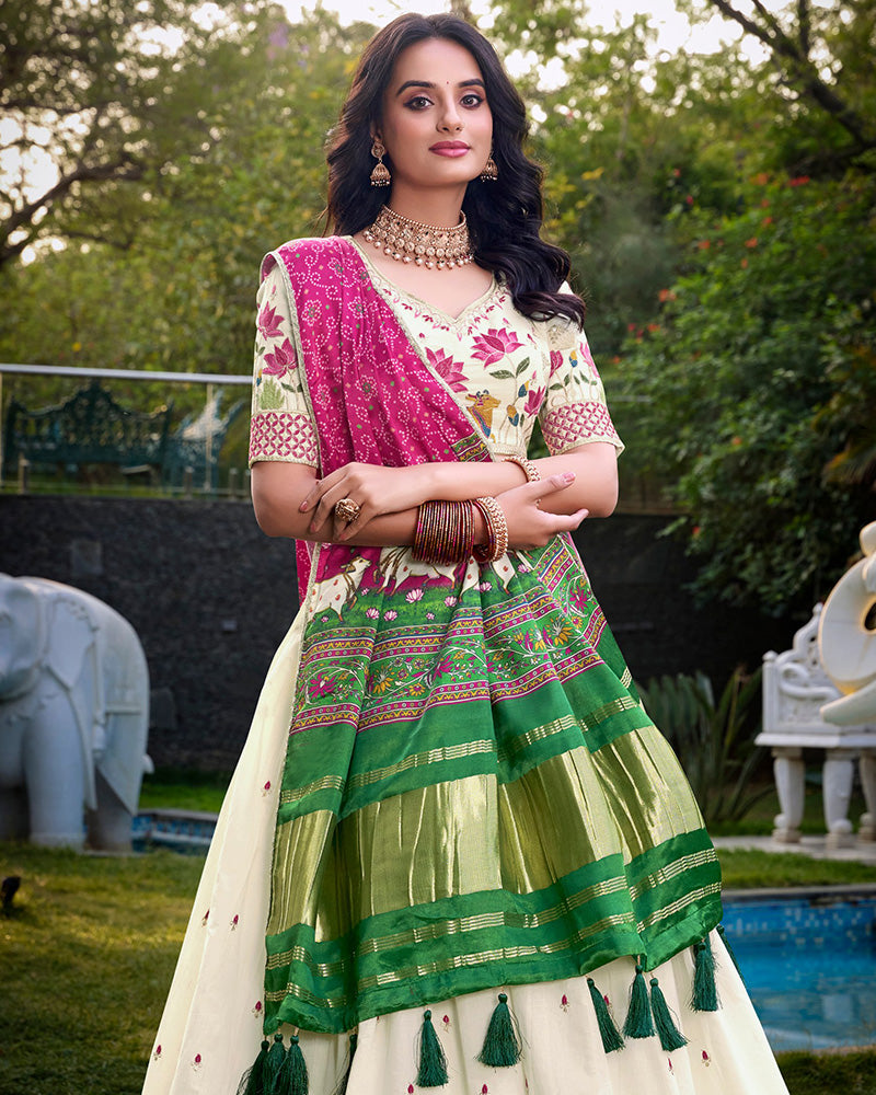 Lotus Shape Off-White Color Cotton Lehenga Choli - ETHNICDEAL