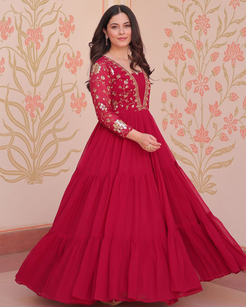 Elegant Rani Pink Floor-Length Gown With Golden Threadwork - ETHNICDEAL