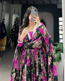 Black And Pink Color Floral Printed Georgette Gown - ETHNICDEAL