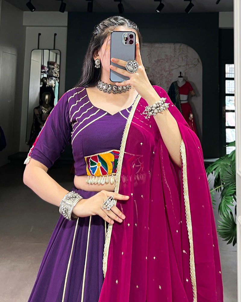 Purple Color Rayon Embossed Navratri Lehenga Choli - ETHNICDEAL