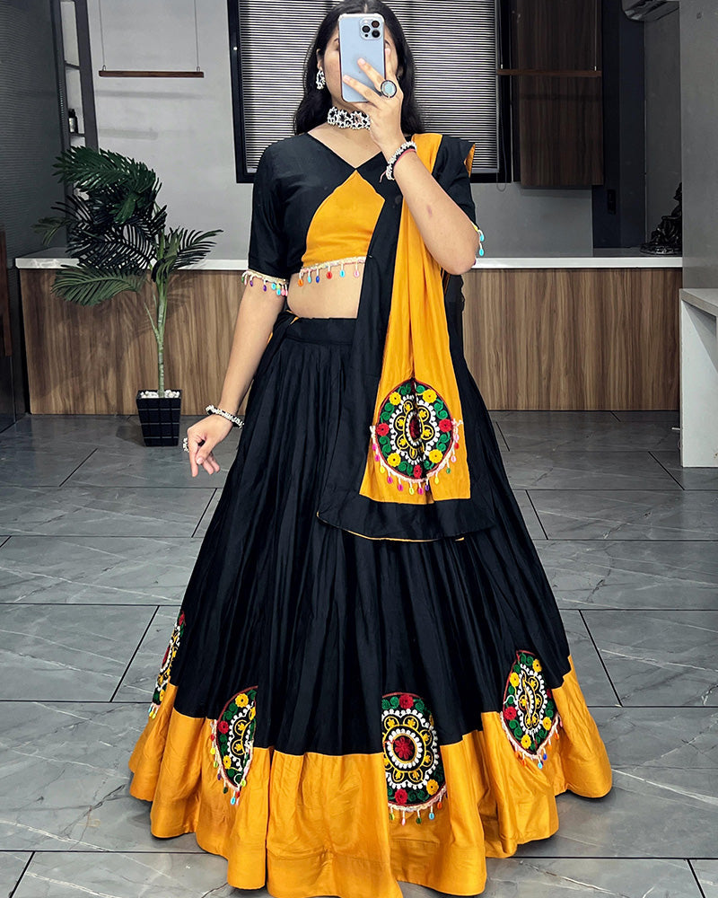 Mustard And Black Color Pure Rayon Cotton Navratri Lehenga Choli - ETHNICDEAL