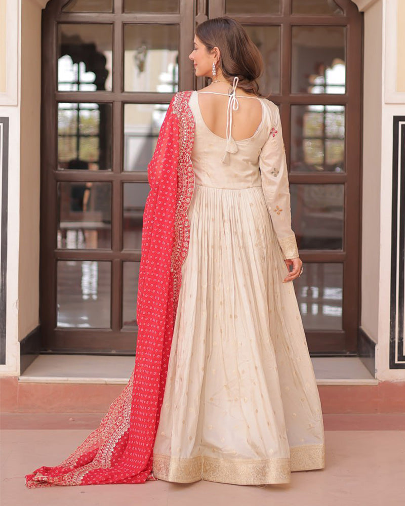 Off-White Color Jacquard Gown With Red Dupatta - ETHNICDEAL