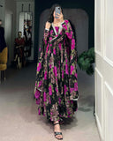 Black And Pink Color Floral Printed Georgette Gown - ETHNICDEAL