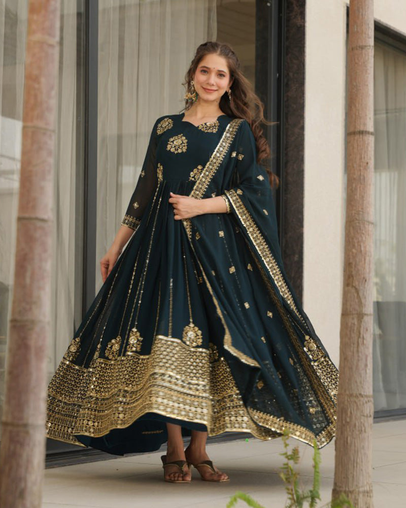 Deep Teal Green Color Designer Golden Embroidered Gown - ETHNICDEAL