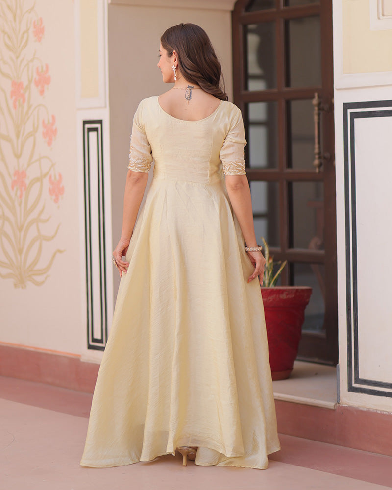 Cream Color Gold Crush Embroidered Work Gown - ETHNICDEAL