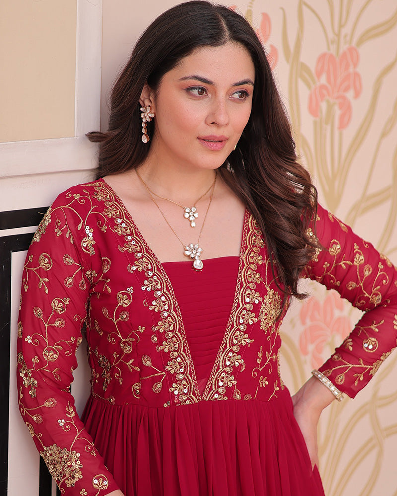 Elegant Rani Pink Floor-Length Gown With Golden Threadwork - ETHNICDEAL