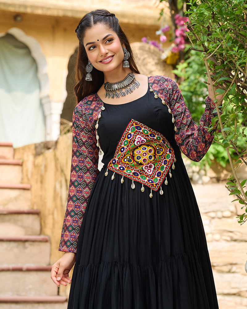 Classic Black Mirror Embroidered Rayon Gown For Navratri - ETHNICDEAL