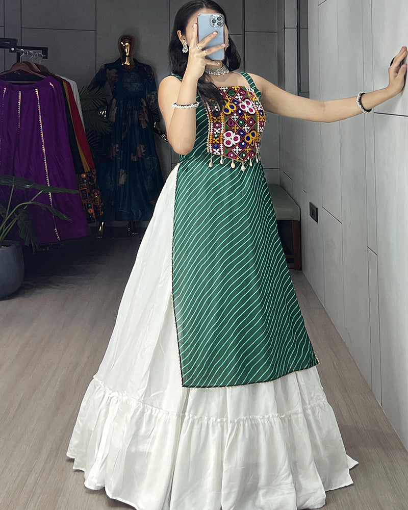 Green Color Georgette Kurti With Rayon Lehenga - ETHNICDEAL