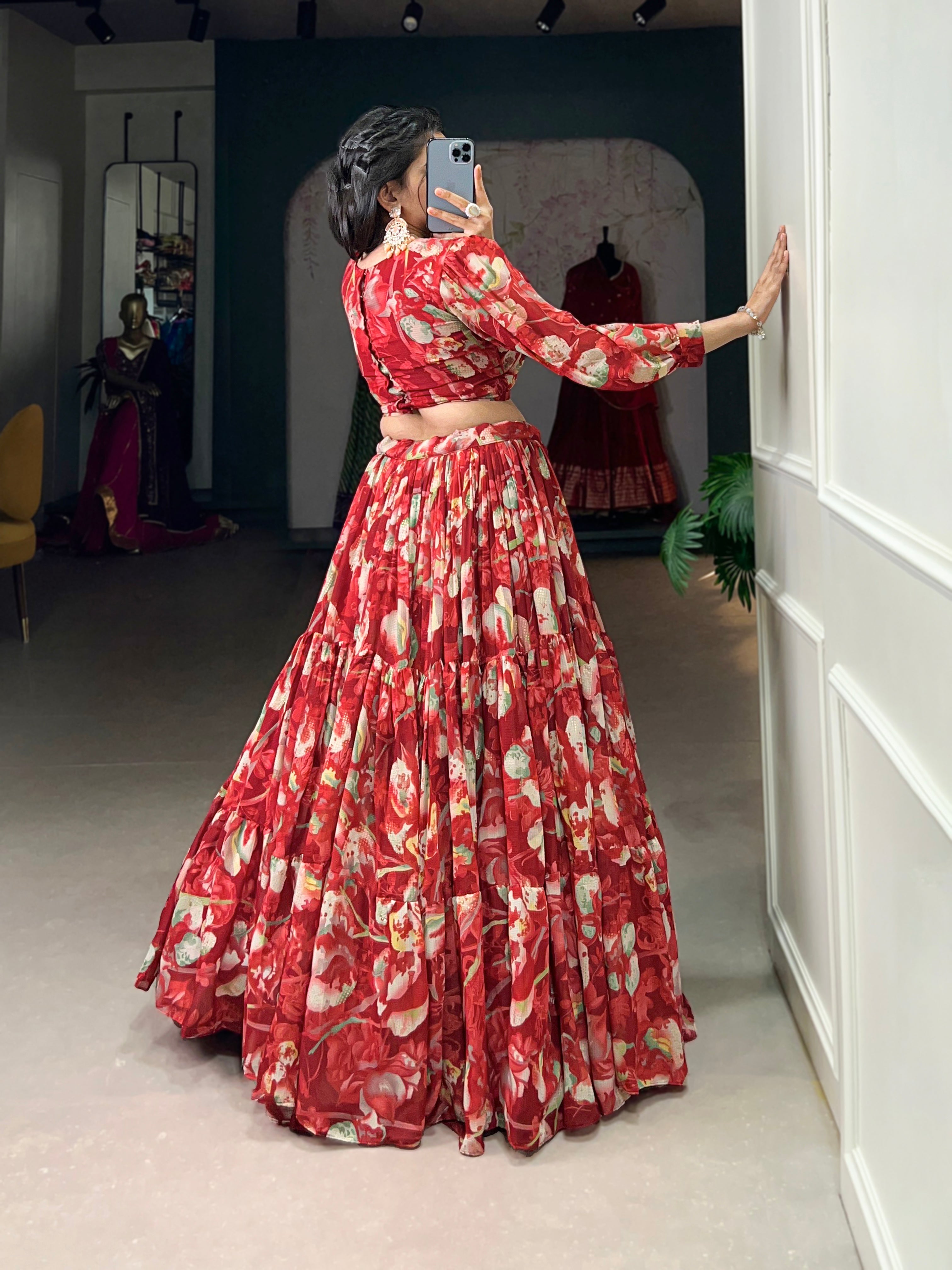 Stunning Georgette Floral Digital Printed Lehenga With Stitched Blouse - Ethnicwish