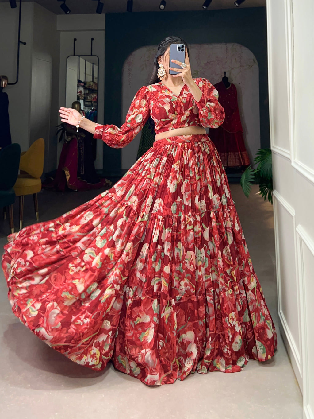 Stunning Georgette Floral Digital Printed Lehenga With Stitched Blouse - Ethnicwish