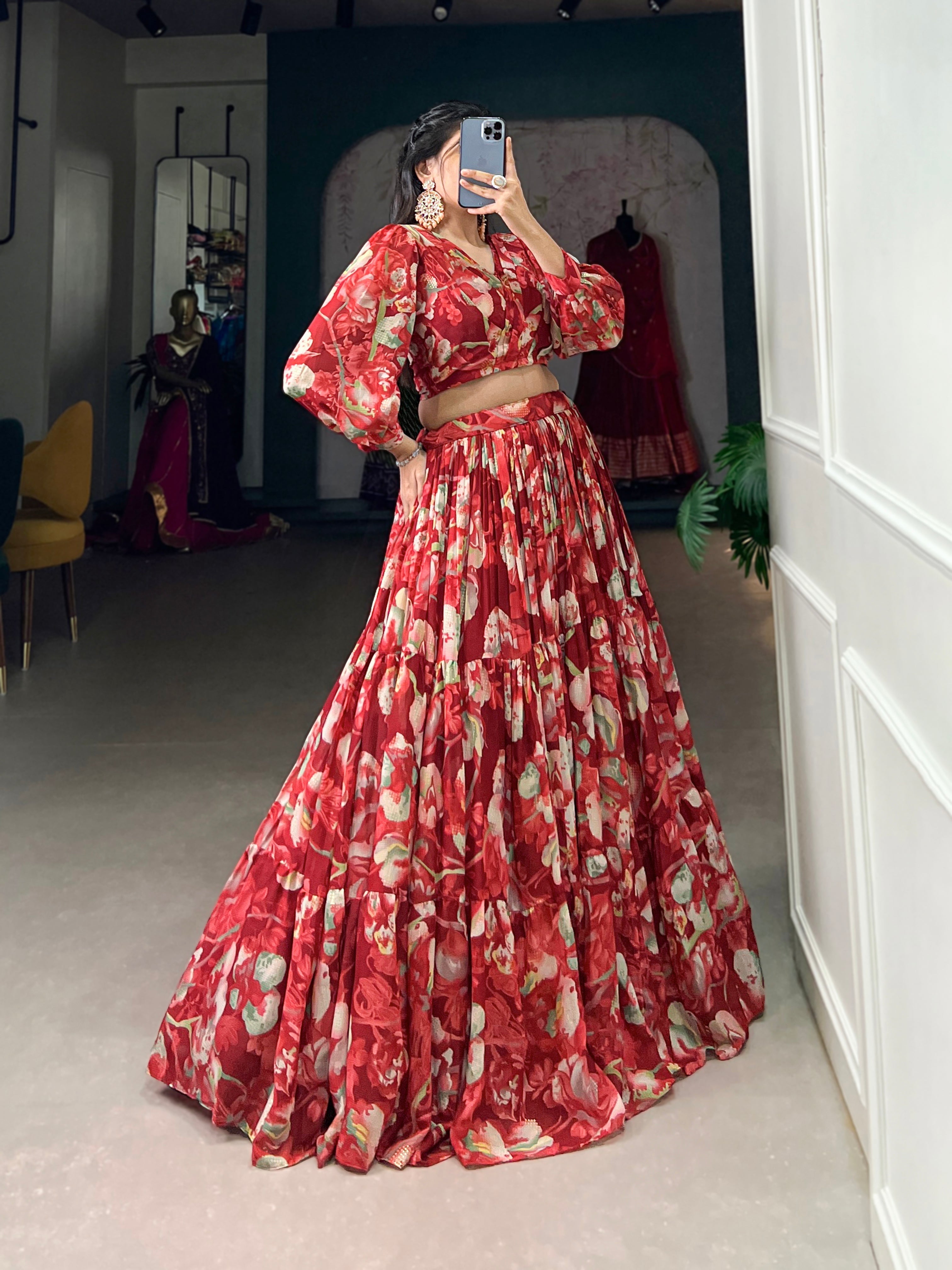 Stunning Georgette Floral Digital Printed Lehenga With Stitched Blouse - Ethnicwish