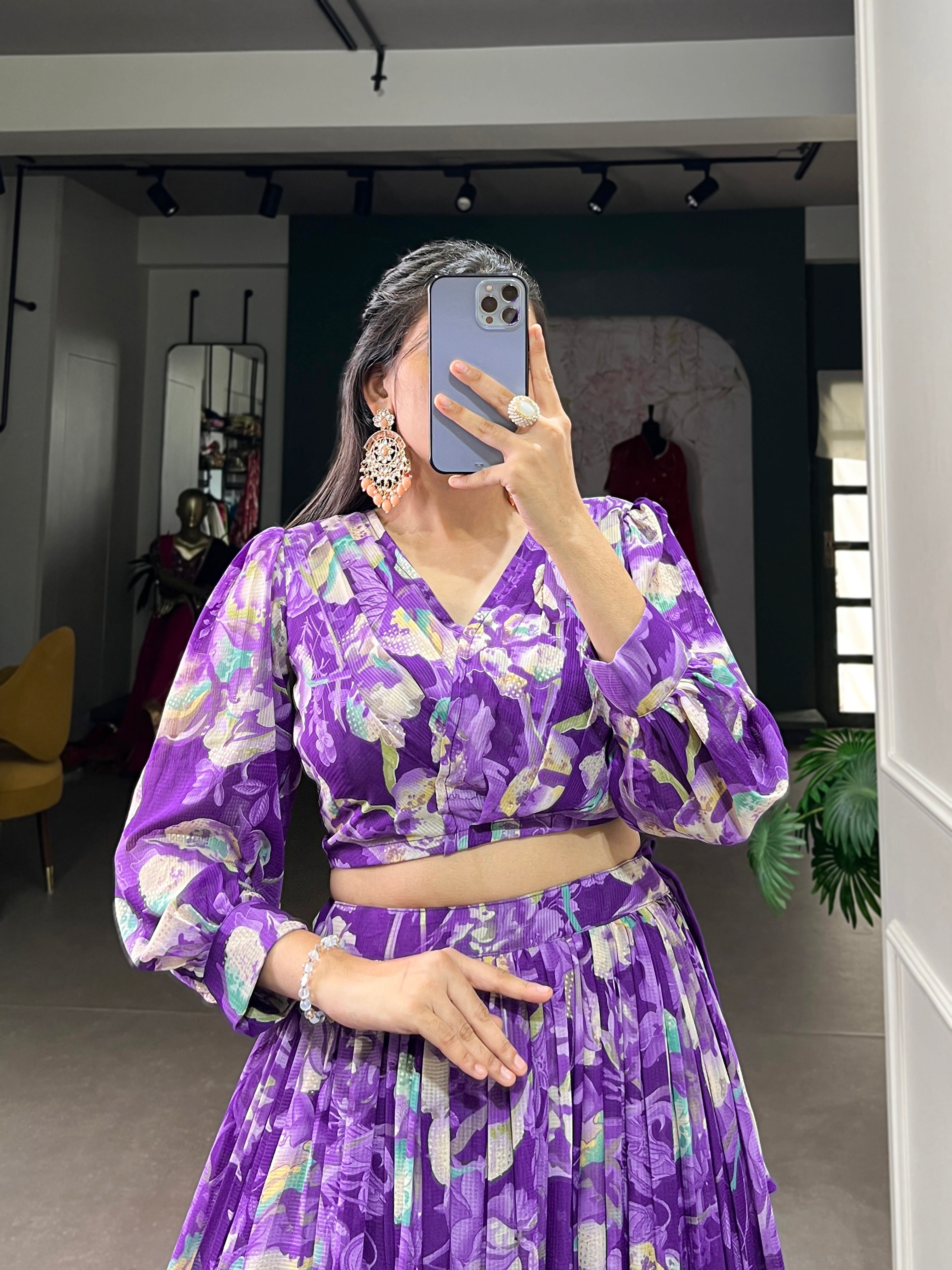 Stunning Georgette Floral Digital Printed Lehenga With Stitched Blouse - Ethnicwish