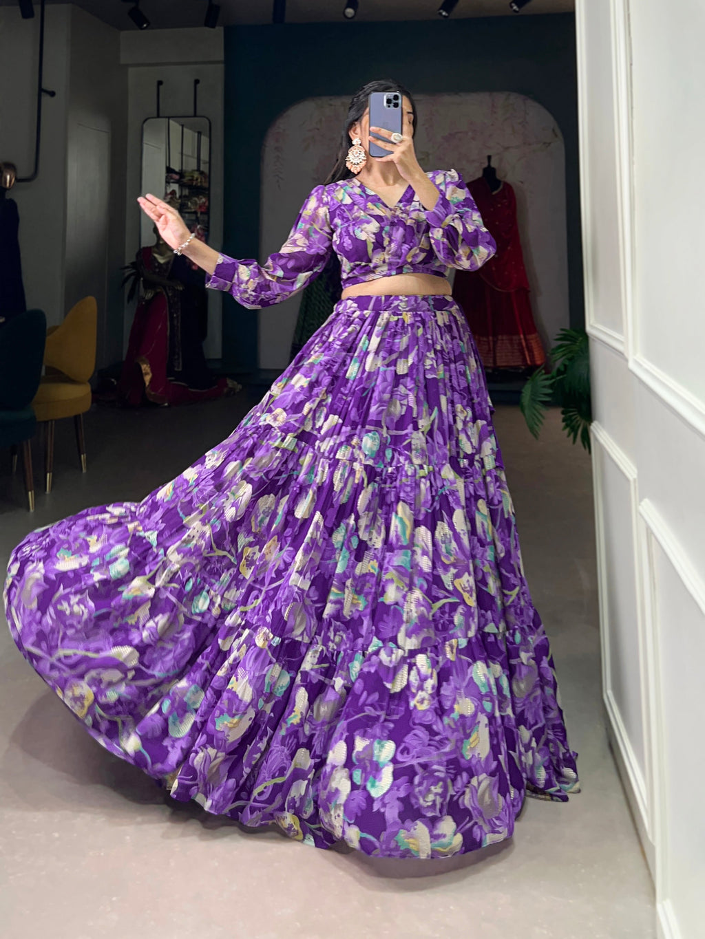 Stunning Georgette Floral Digital Printed Lehenga With Stitched Blouse - Ethnicwish