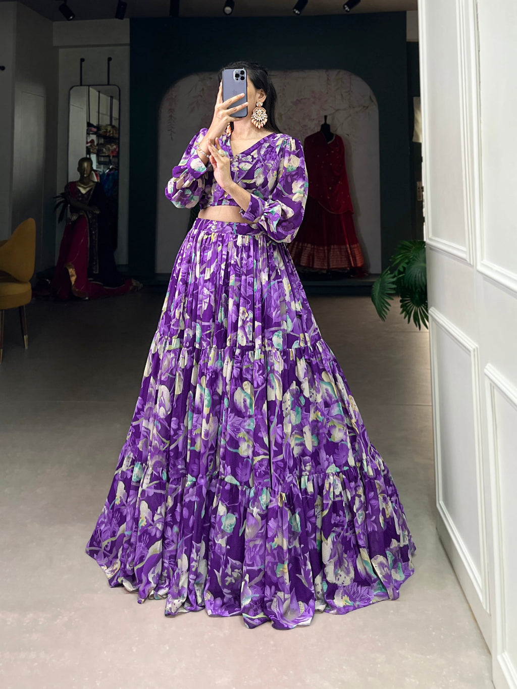 Stunning Georgette Floral Digital Printed Lehenga With Stitched Blouse - Ethnicwish