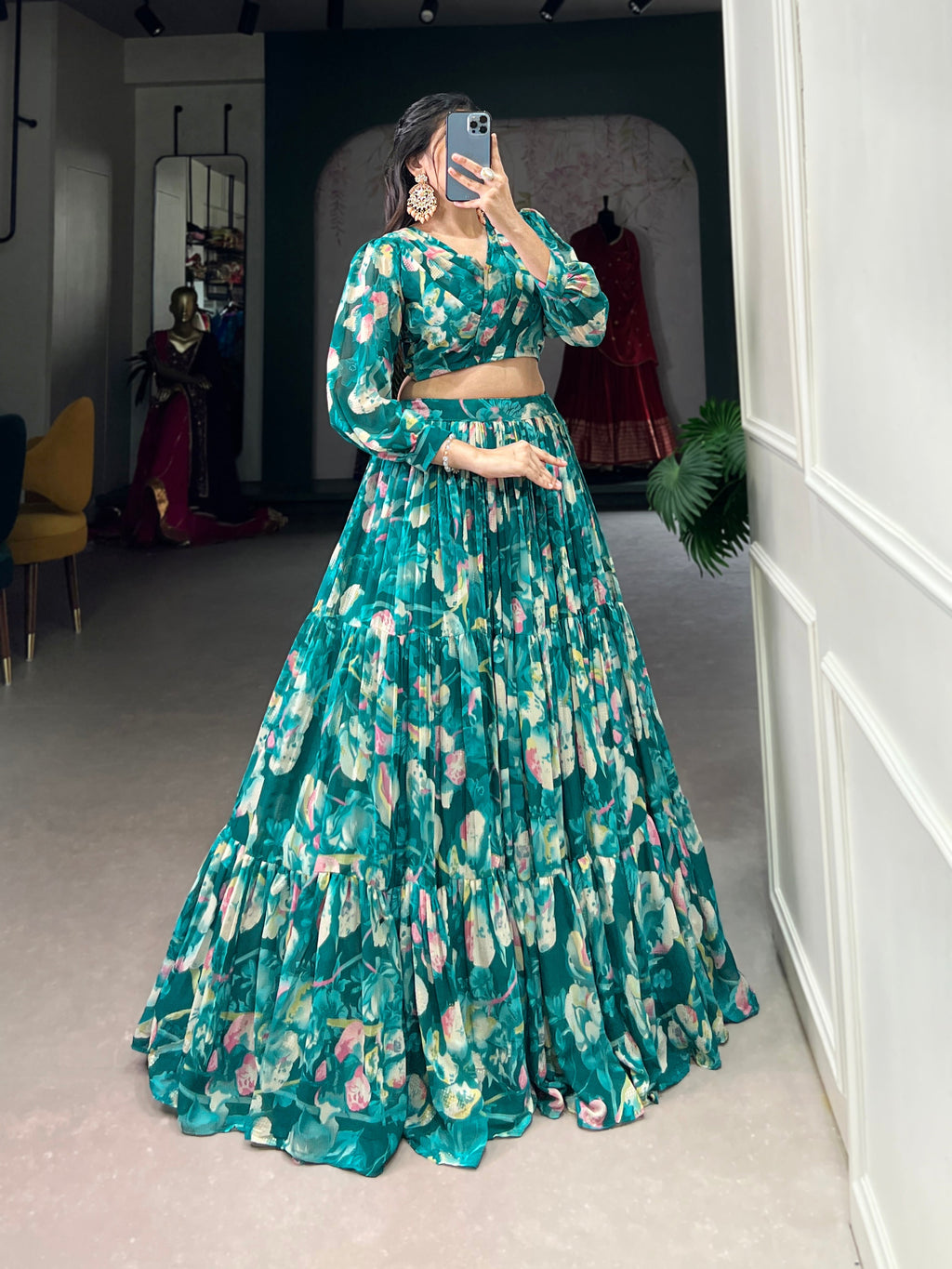 Stunning Georgette Floral Digital Printed Lehenga With Stitched Blouse - Ethnicwish
