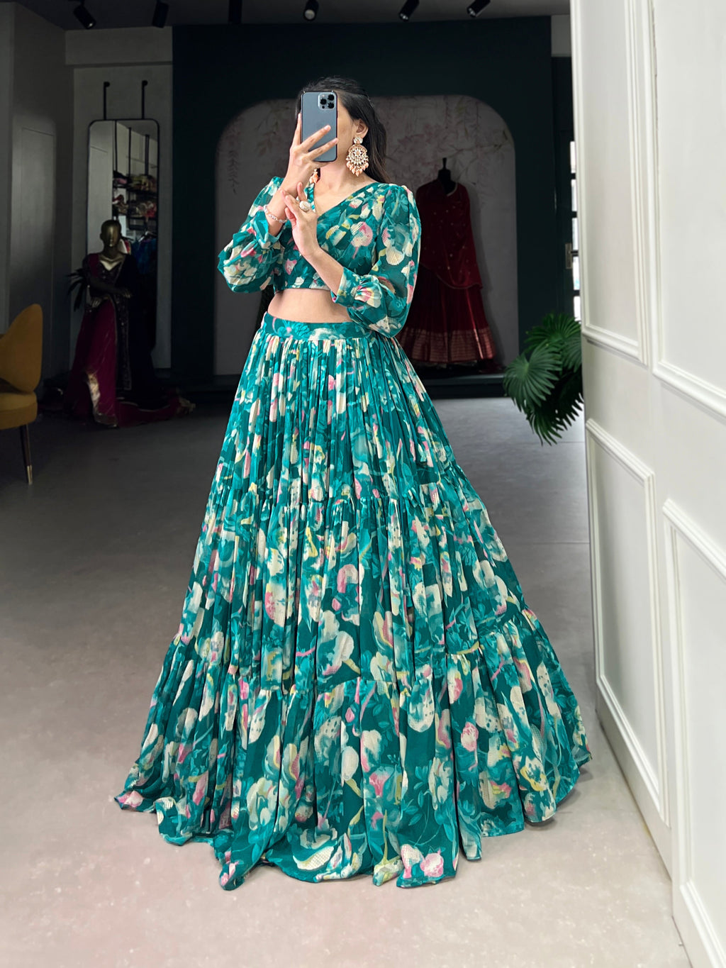 Stunning Georgette Floral Digital Printed Lehenga With Stitched Blouse - Ethnicwish