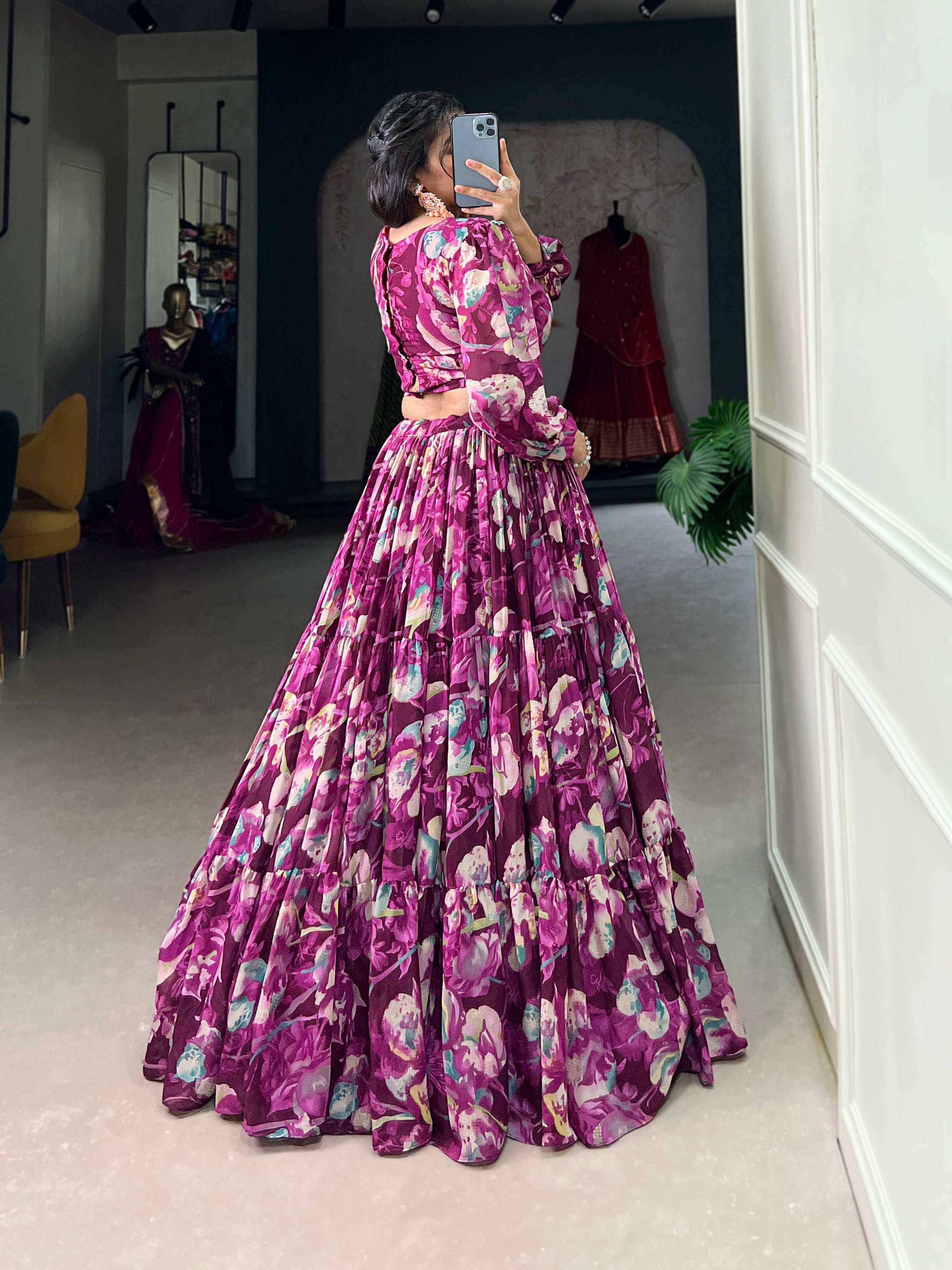 Stunning Georgette Floral Digital Printed Lehenga With Stitched Blouse - Ethnicwish