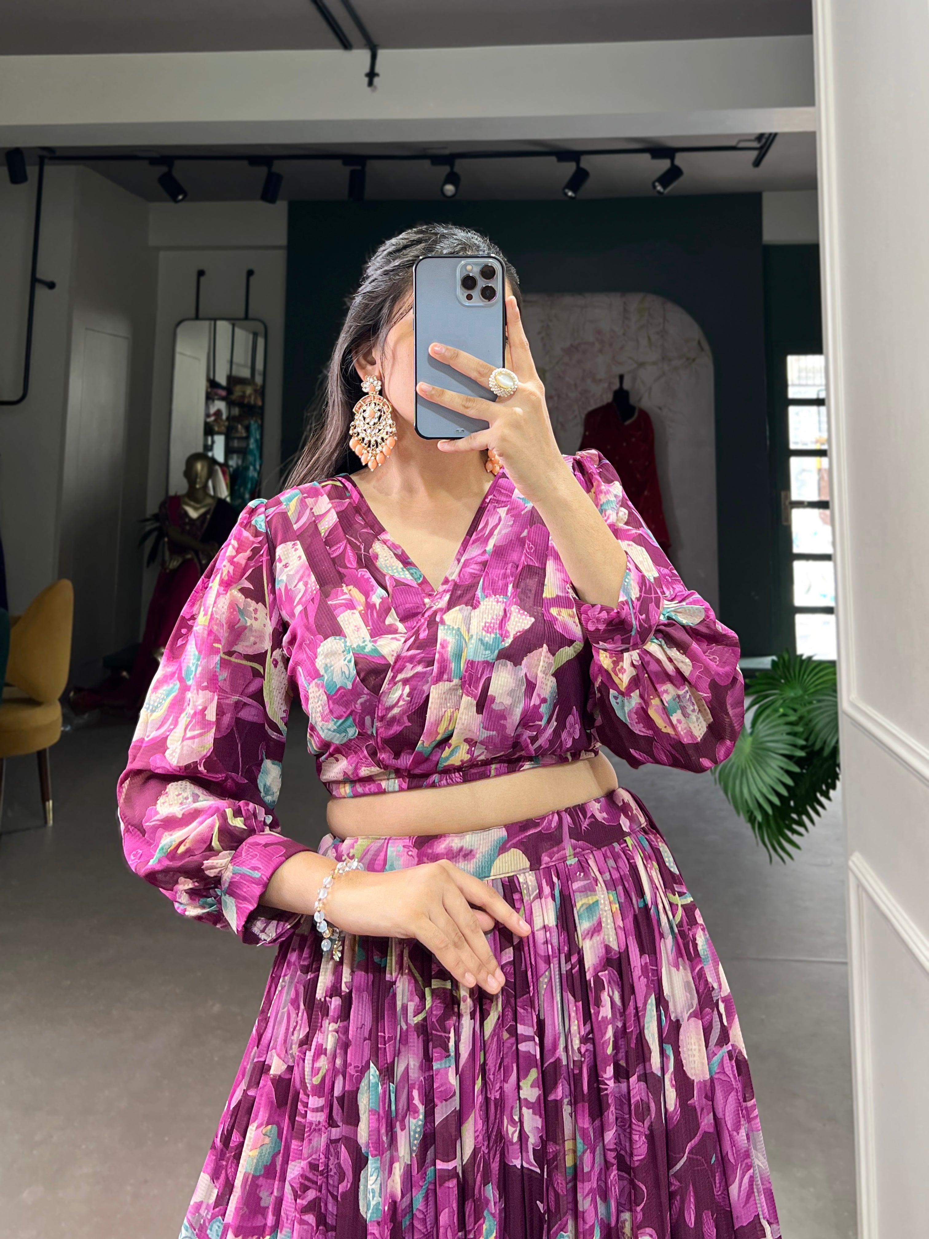 Stunning Georgette Floral Digital Printed Lehenga With Stitched Blouse - Ethnicwish