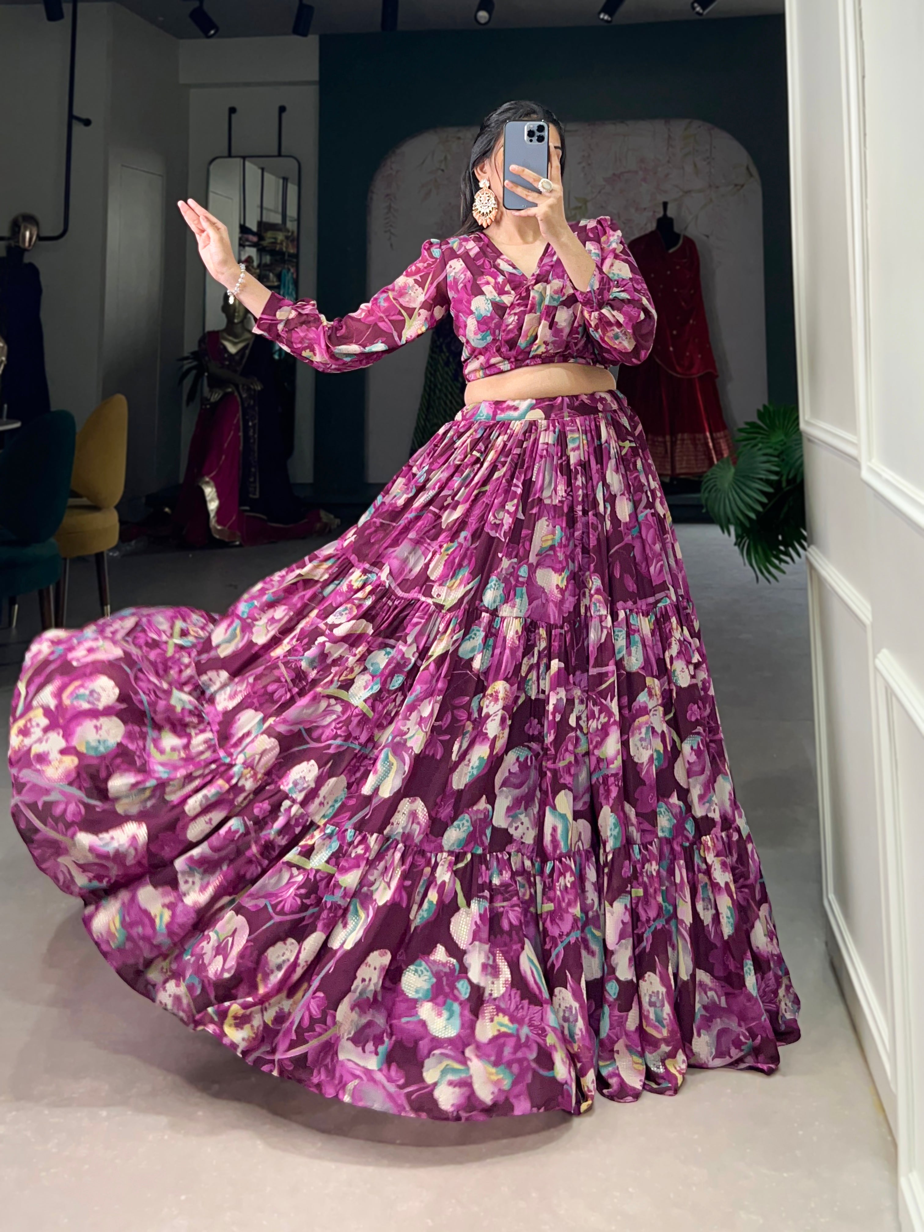 Stunning Georgette Floral Digital Printed Lehenga With Stitched Blouse - Ethnicwish