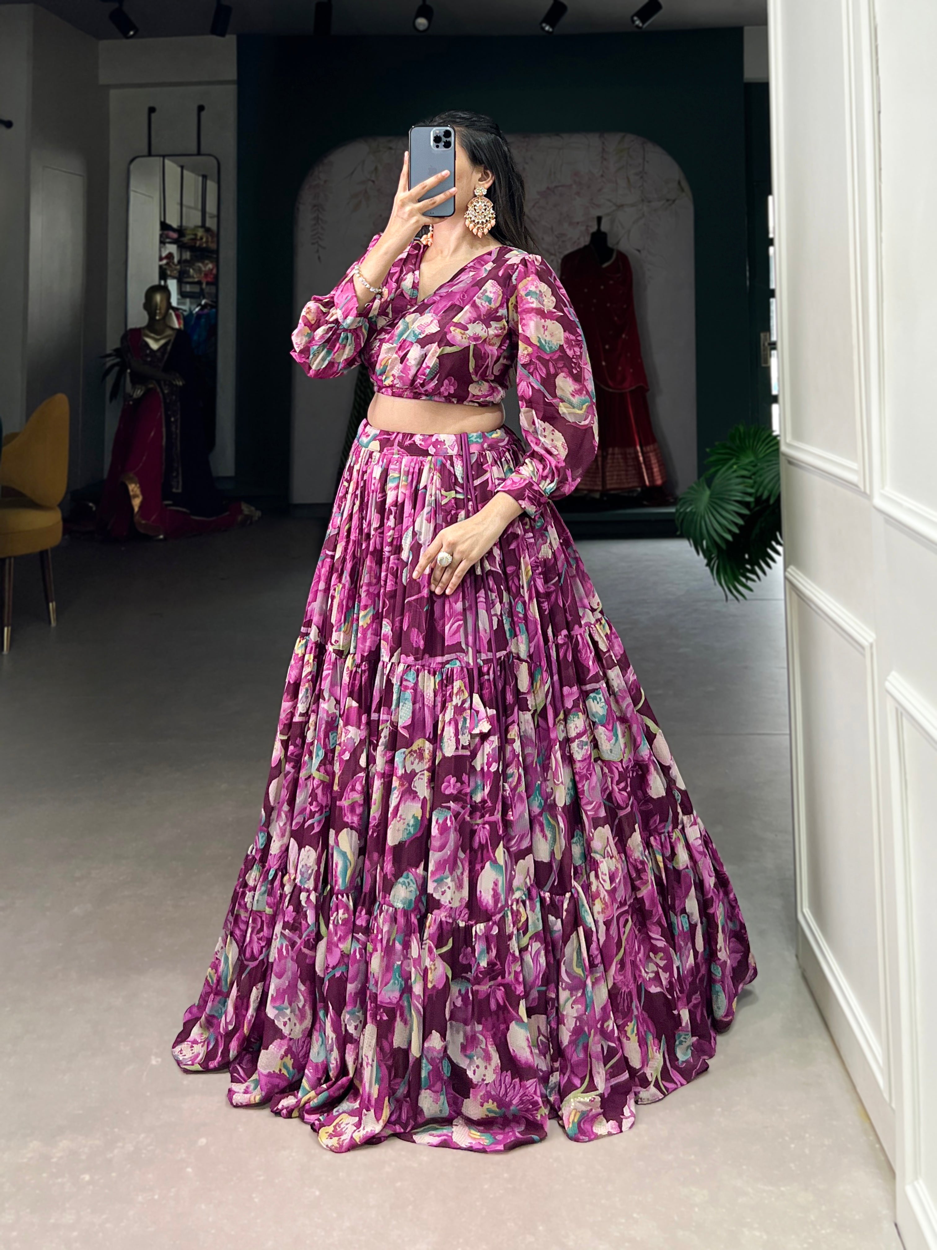 Stunning Georgette Floral Digital Printed Lehenga With Stitched Blouse - Ethnicwish