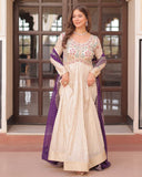 Off-White Color Jacquard Gown With Purple Dupatta - ETHNICDEAL