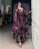 Black And Pink Color Floral Printed Georgette Gown - ETHNICDEAL