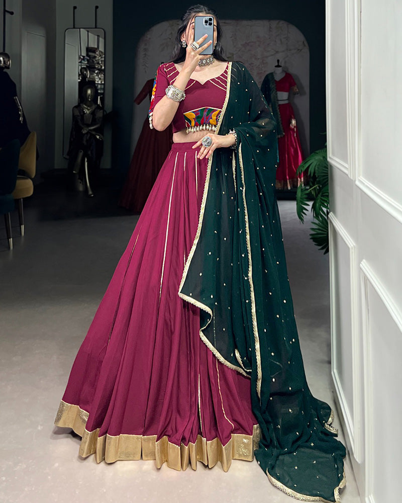 Plum Color Rayon Embossed Navratri Lehenga Choli - ETHNICDEAL