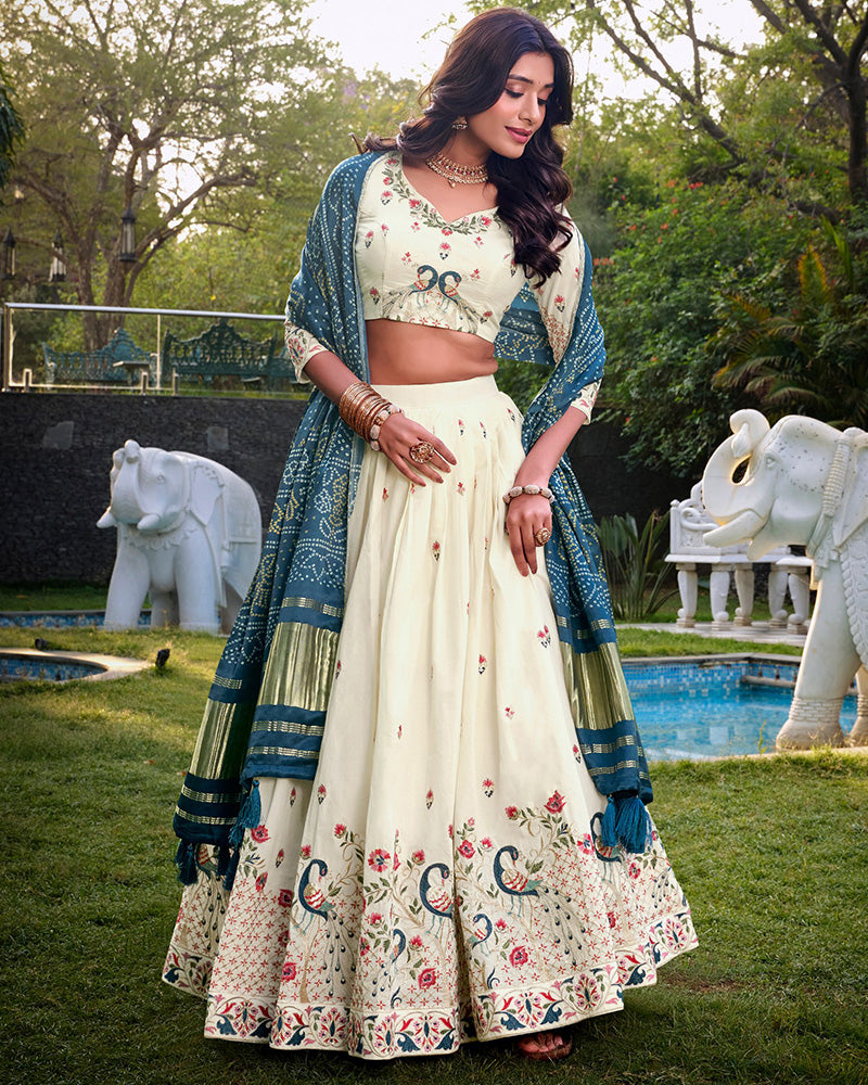 Peacock Shape Off-White Color Cotton Lehenga Choli - ETHNICDEAL