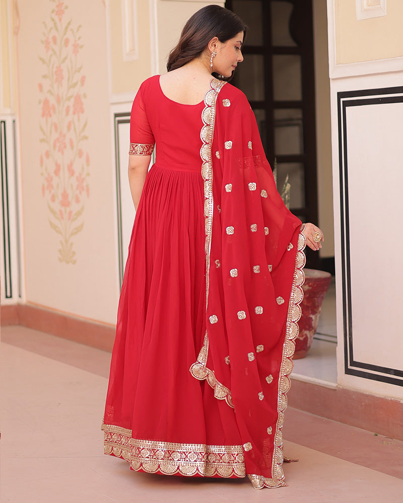 Designer Red Anarkali Gown With Golden Embroidery - ETHNICDEAL