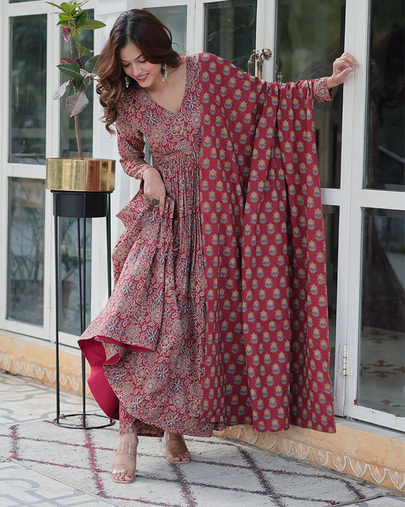 Premium Maroon Color Pure Cotton Kurti With Pant And Dupatta Set - ETHNICDEAL