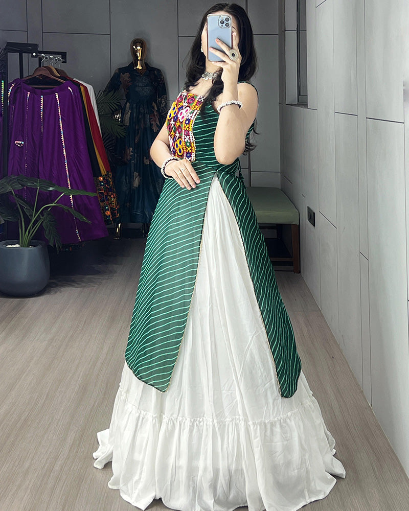Green Color Georgette Kurti With Rayon Lehenga - ETHNICDEAL