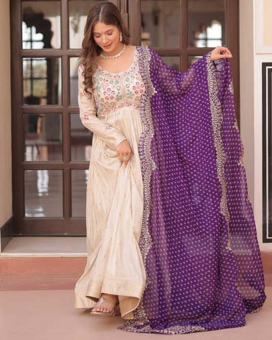 Off-White Color Jacquard Gown With Purple Dupatta - ETHNICDEAL