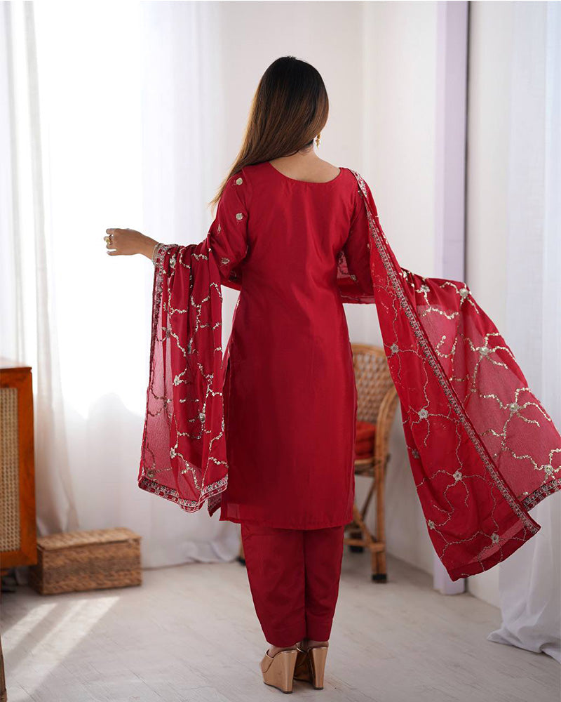 Red Color Chinon Silk Embroidered Three Piece Kurti Suit - ETHNICDEAL
