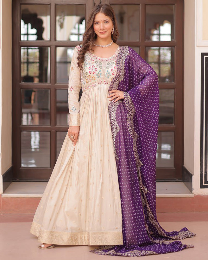 Off-White Color Jacquard Gown With Purple Dupatta - ETHNICDEAL