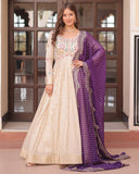 Off-White Color Jacquard Gown With Purple Dupatta - ETHNICDEAL